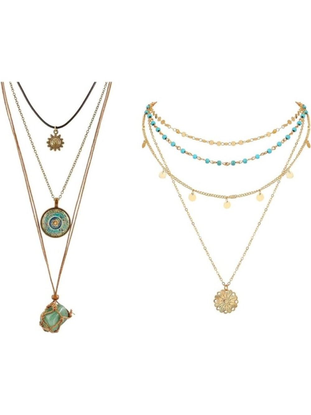 Bohemian Multi-Layer Necklace Set with Green Crystal & Turquoise Beads, Ethnic